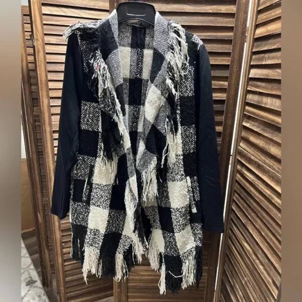 Black White Fringe Buffalo Plaid Cardigan Sweater